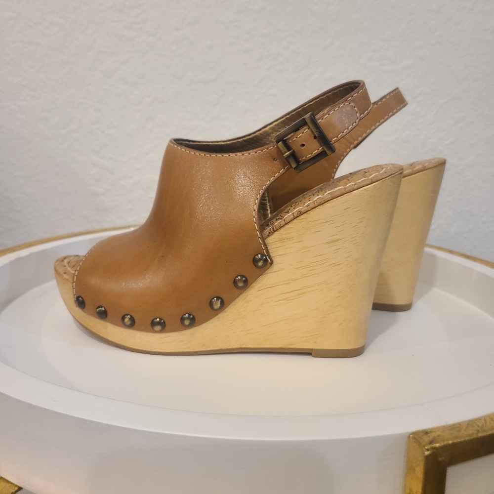 Leather Camel/Tan Mules Slides Wedges 7 Sam Edelman GORGEOUS!!! NEVER WORN!!